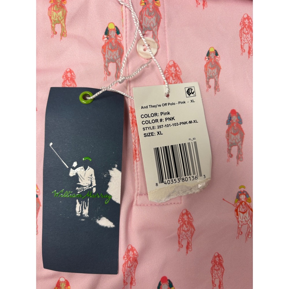 William Murray And They're Off Polo Shirt Pink Horse Racing Golf Men's XL NWT - Picture 4 of 14